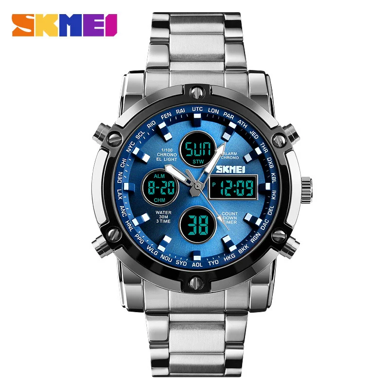 Multifunctional Stainless Steel Belt Waterproof Men's Leisure Square Dial Double Luminous Chronograph Sports Electronic Watch - Image 5