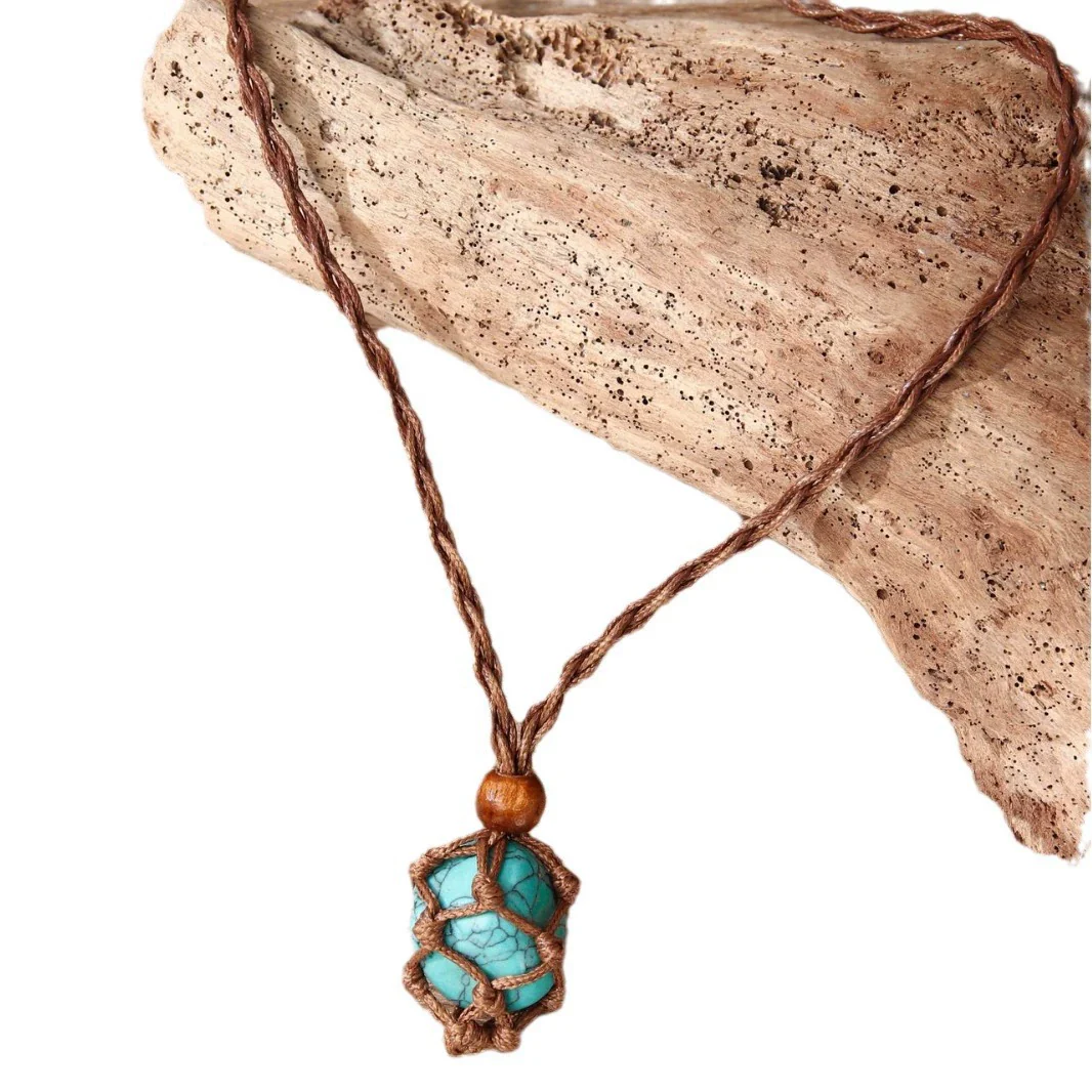 Natural Powder Crystal Necklace Pendant Handwoven With Wax Rope Set With Gems In Doll Heart Geometric Pattern For Women - Image 5
