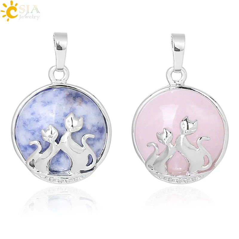 Natural Stone And Copper Accessories Double Kitty Doublesided Minimalist Necklace Pendant Jewelry For Female
