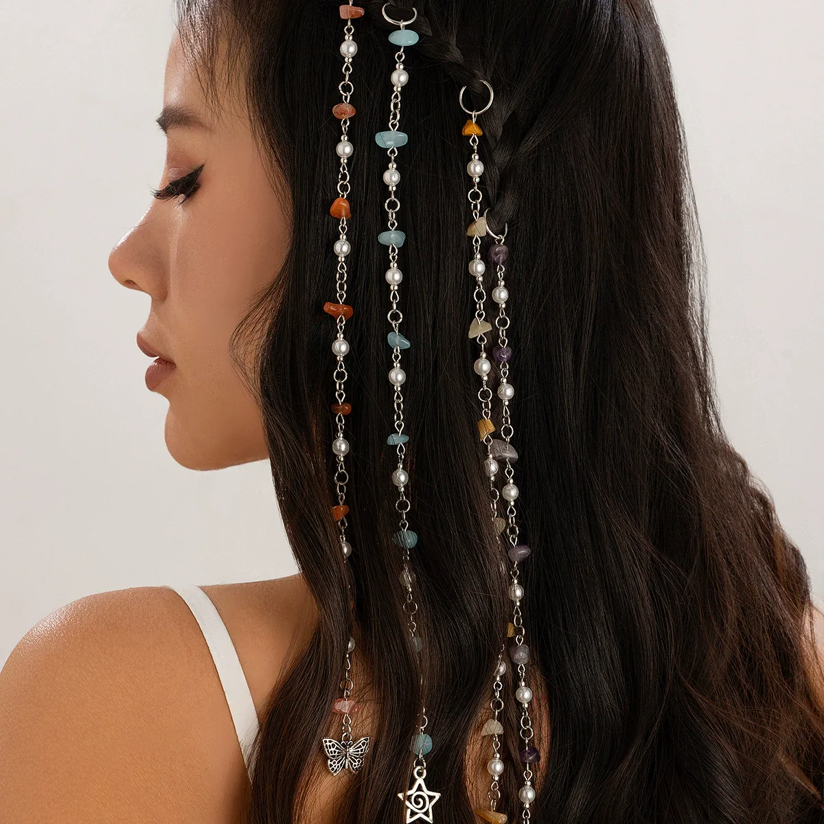 Natural Stone Braided Hair Jewelry With Butterfly And Star For Women
