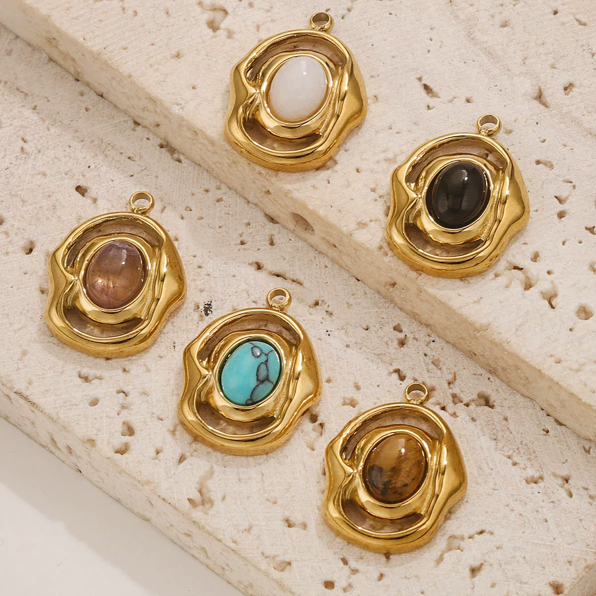 Natural Stone Oval Pendant Titanium Steel Plated 18K Real Gold Diy Hanging Card Accessories - Image 4