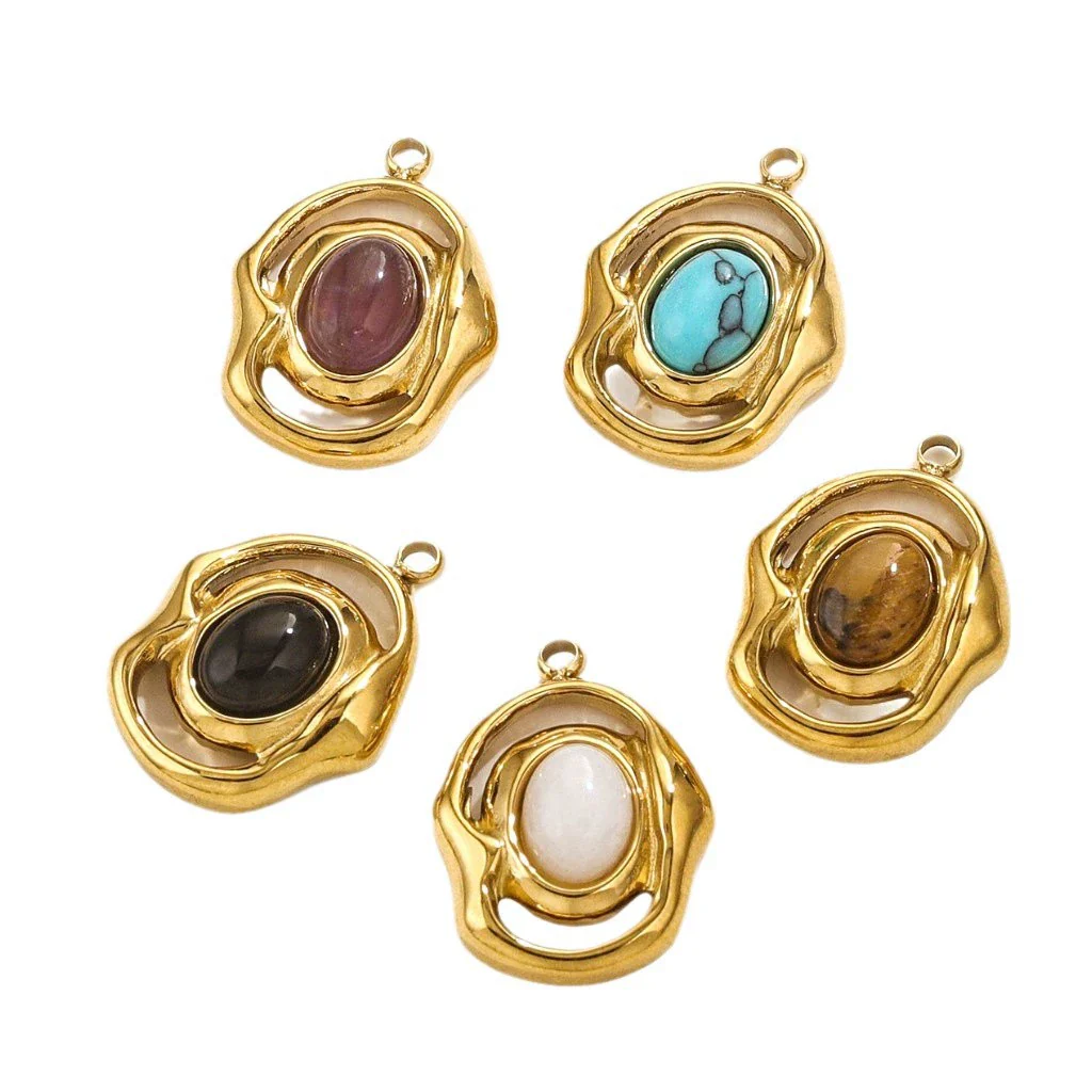 Natural Stone Oval Pendant Titanium Steel Plated 18K Real Gold Diy Hanging Card Accessories - Image 5