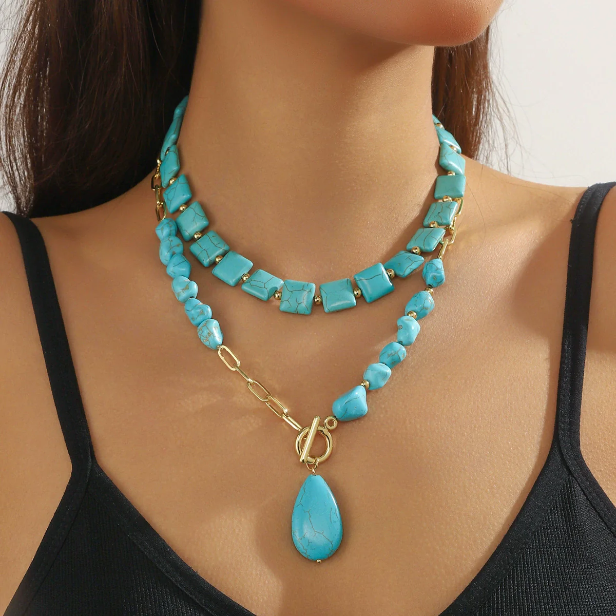 Natural Turquoise Beaded Jewelry Geometric Bohemian Style Double Layer Drop Pendant Necklace With Electroplating - Image 2