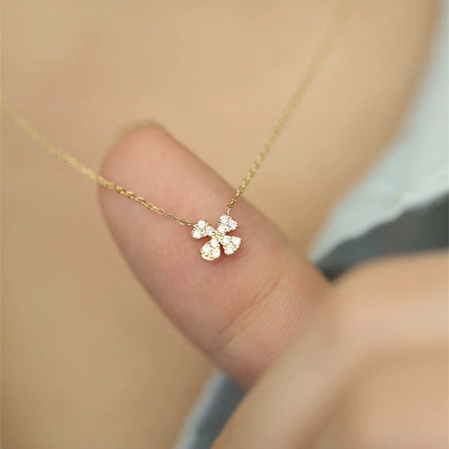 Necklace 925 Sterling Silver Four Leaf Clover Petal 14K Gold Plated