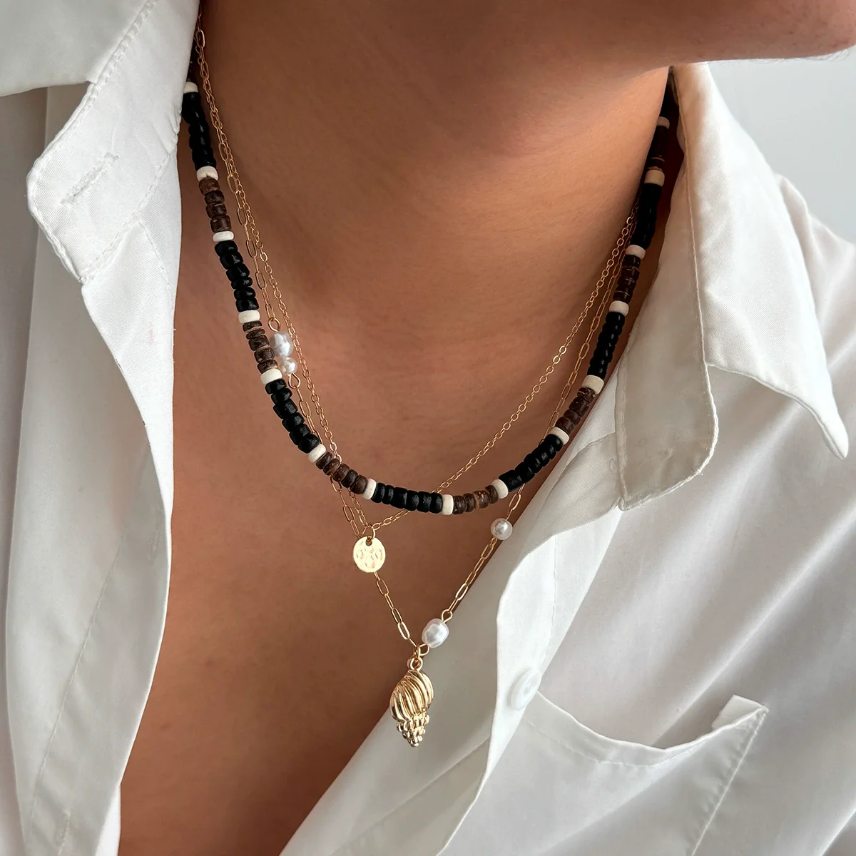 Necklace Alloy Geometric Handmade Coconut Shell Wooden Bead Hiphop Men's Conch Pendant - Image 3