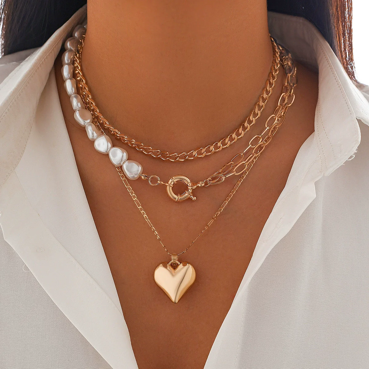 Necklace Alloy Heart Shaped Electroplated Love Stacked Women's Fashion Imitation Pearl Chain - Image 2