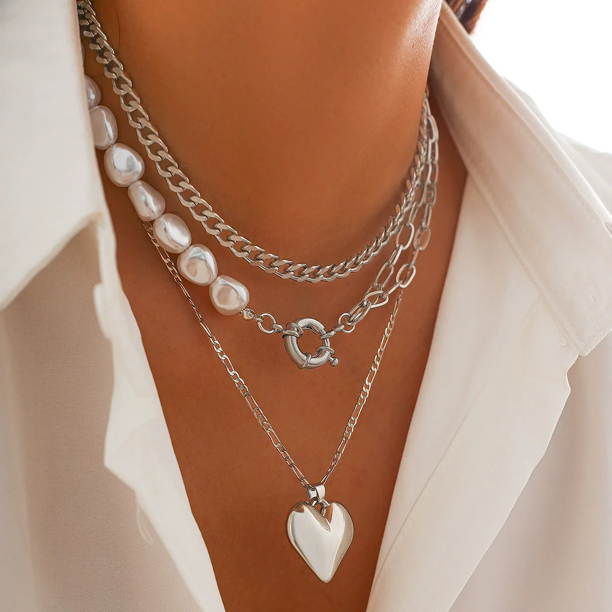 Necklace Alloy Heart Shaped Electroplated Love Stacked Women's Fashion Imitation Pearl Chain - Image 3