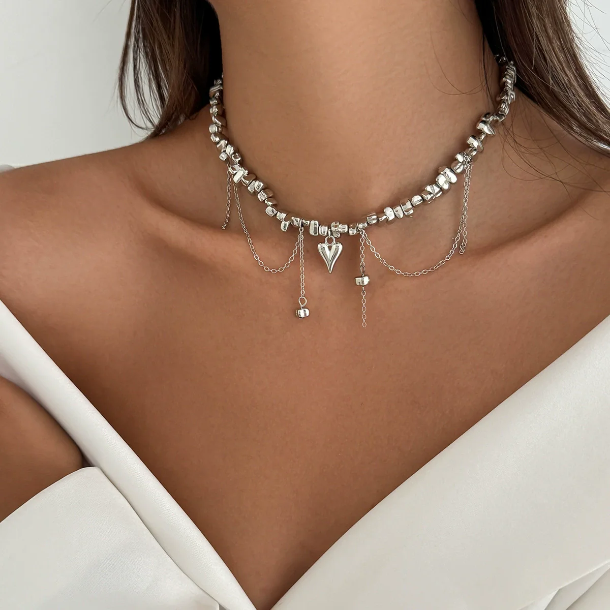Necklace Alloy Heartshaped Pendant Clavicle Chain Cream Sweet Style Electroplating For Women - Image 10