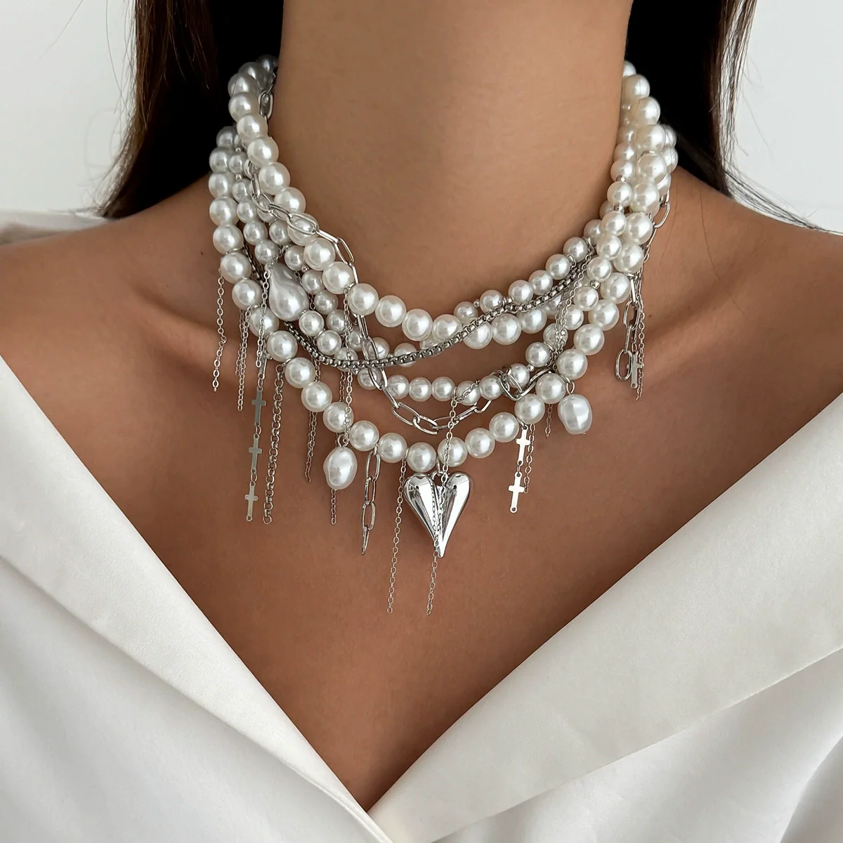 Necklace Alloy Heartshaped Pendant Clavicle Chain Cream Sweet Style Electroplating For Women - Image 12