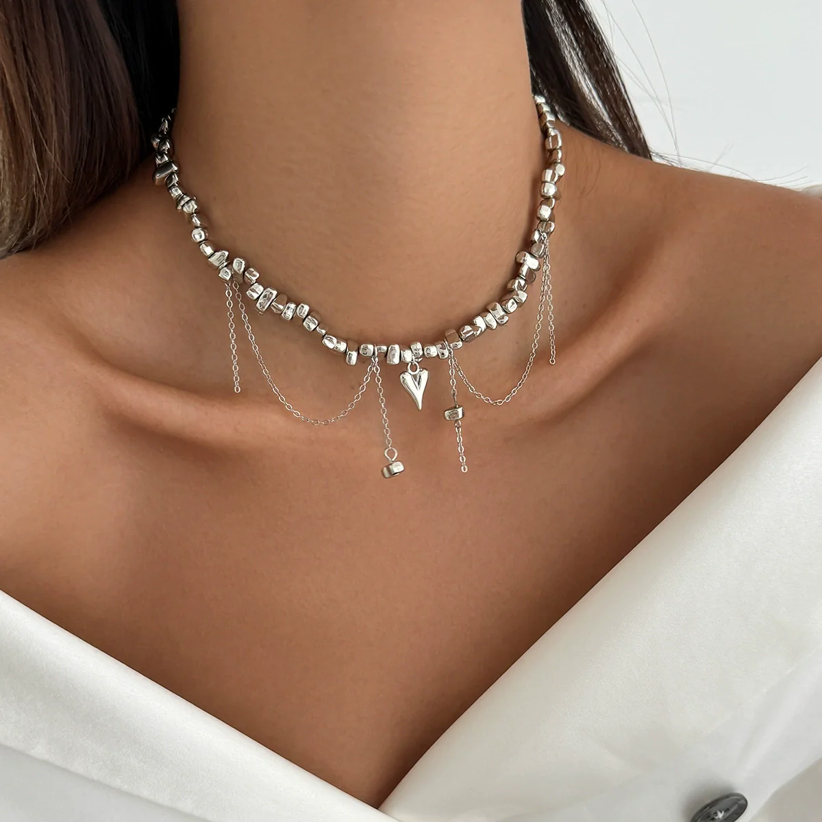 Necklace Alloy Heartshaped Pendant Clavicle Chain Cream Sweet Style Electroplating For Women - Image 2