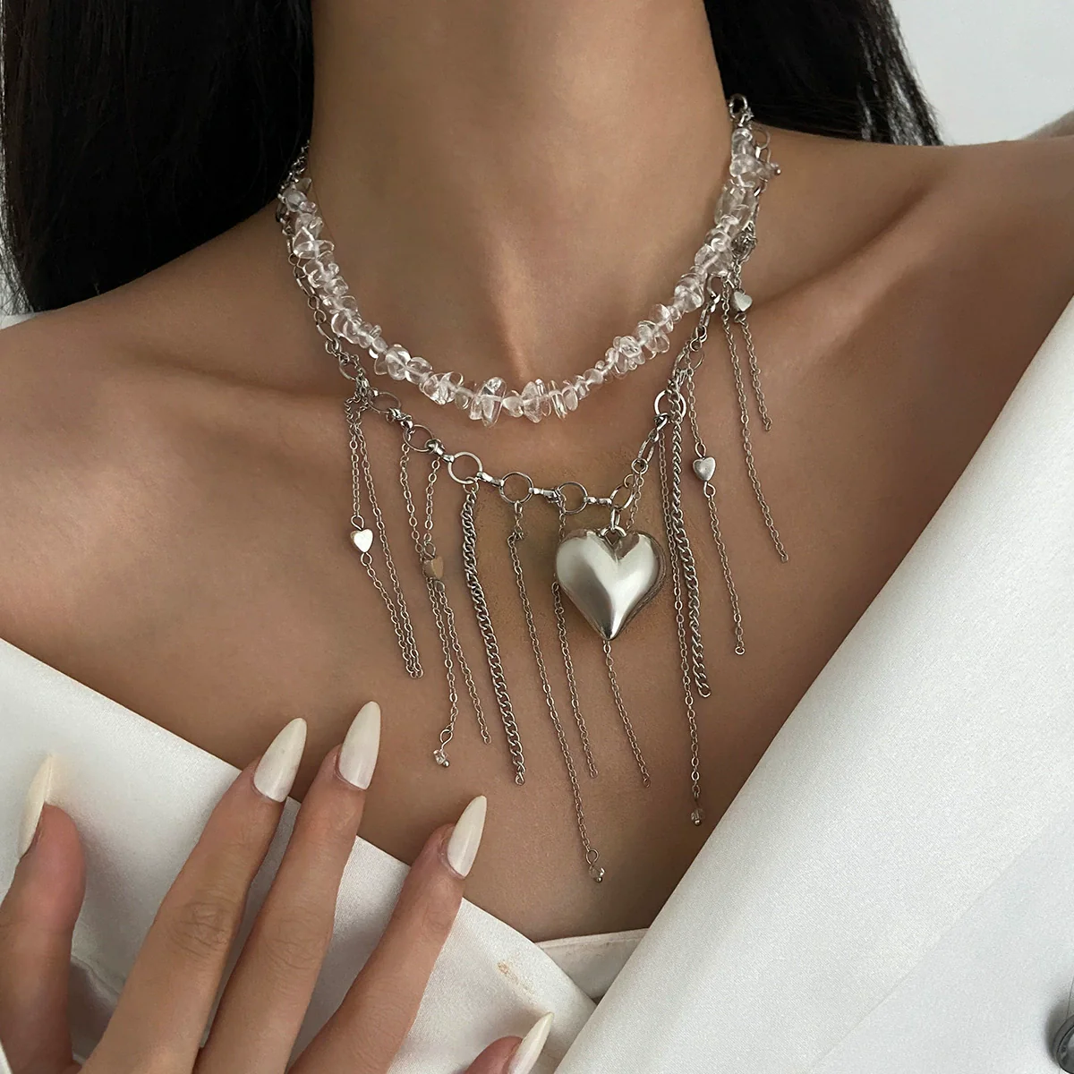 Necklace Alloy Heartshaped Pendant Clavicle Chain Cream Sweet Style Electroplating For Women - Image 3