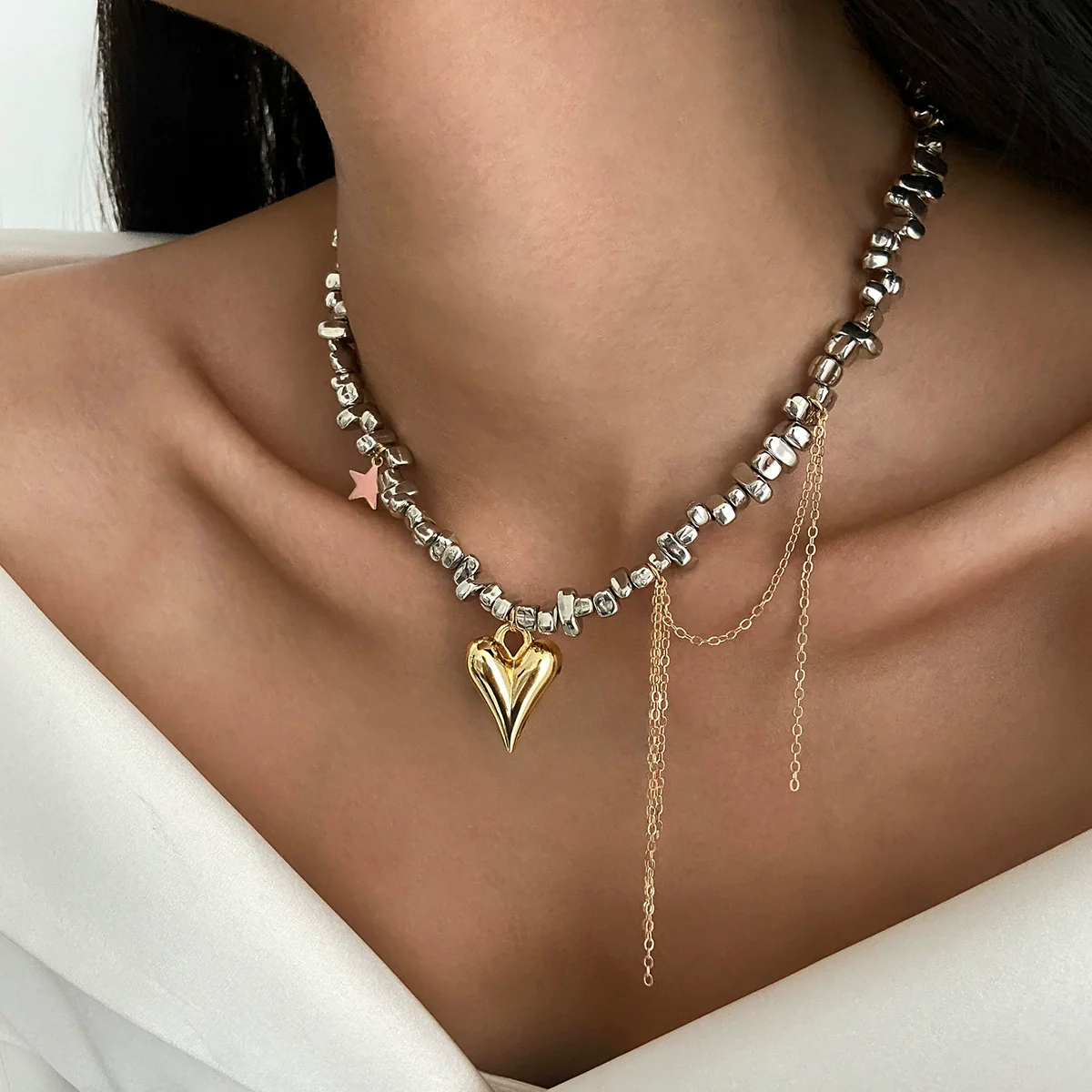 Necklace Alloy Heartshaped Pendant Clavicle Chain Cream Sweet Style Electroplating For Women - Image 6
