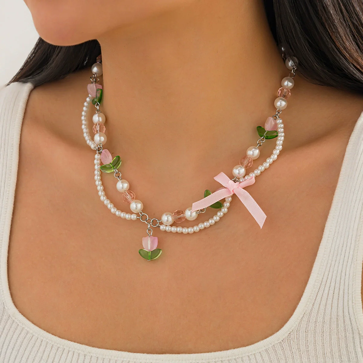 Necklace Alloy Imitation Pearl Sweet Style Bow Strawberry Fivepointed Star Flower Pendant Electroplating - Image 10