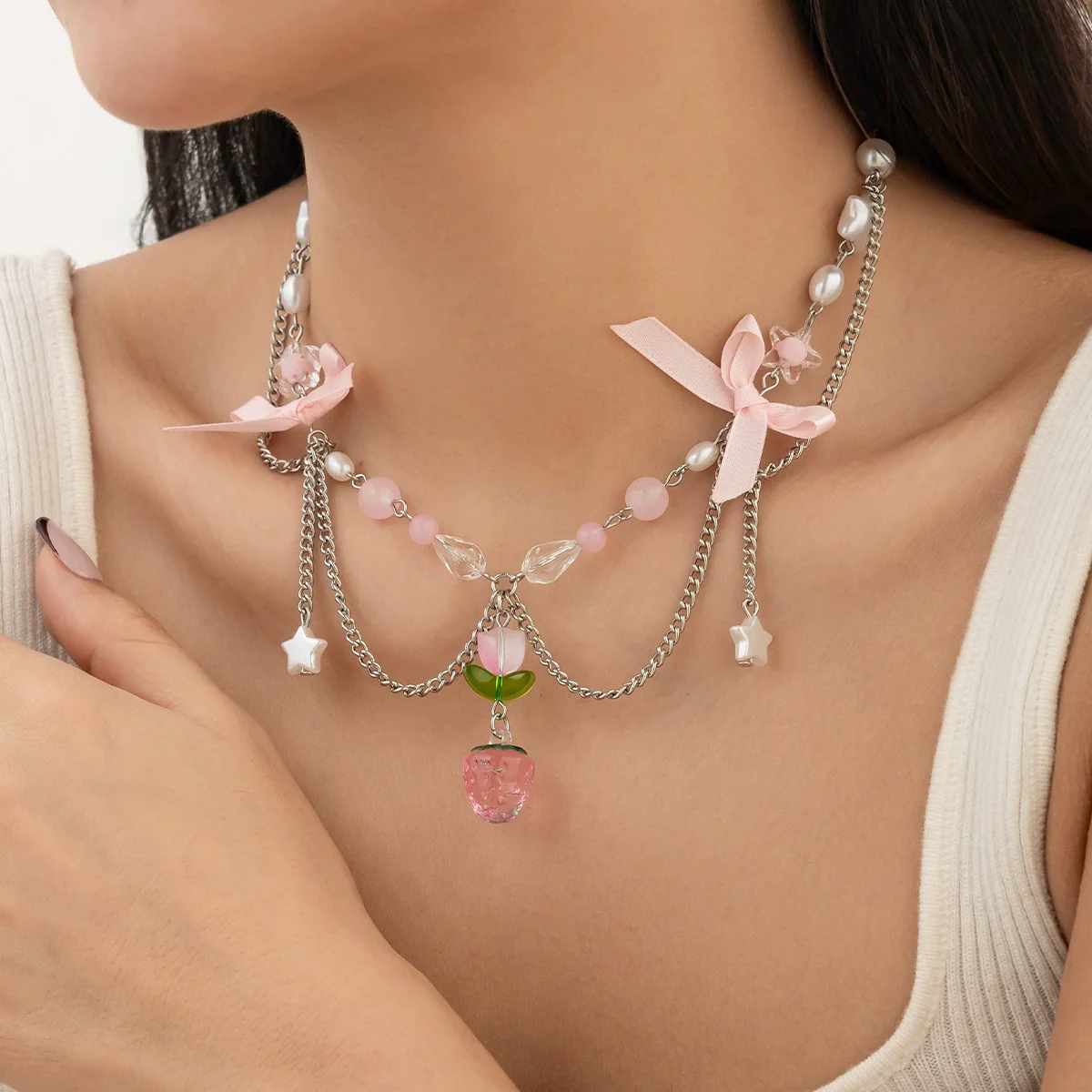 Necklace Alloy Imitation Pearl Sweet Style Bow Strawberry Fivepointed Star Flower Pendant Electroplating - Image 14