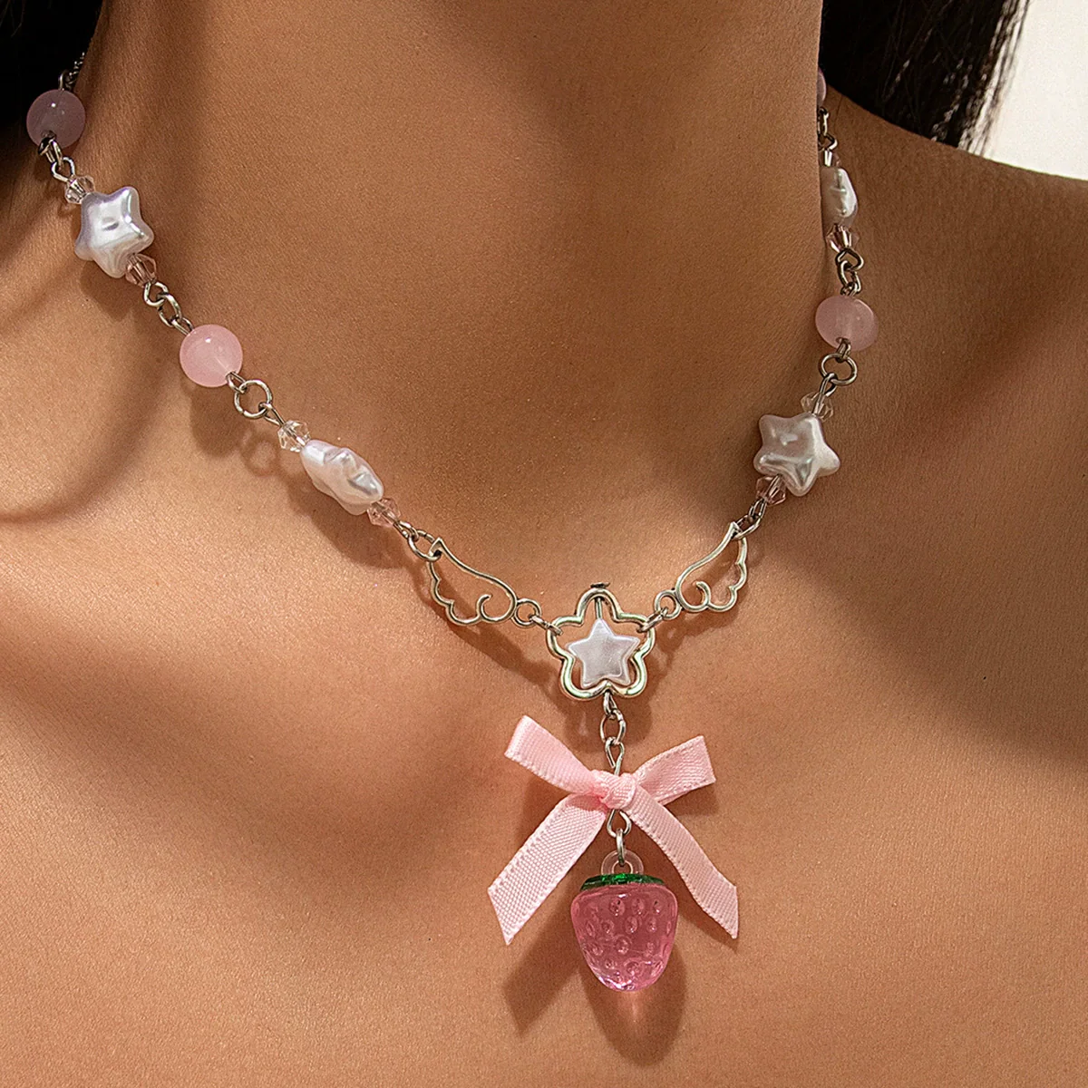 Necklace Alloy Imitation Pearl Sweet Style Bow Strawberry Fivepointed Star Flower Pendant Electroplating - Image 2