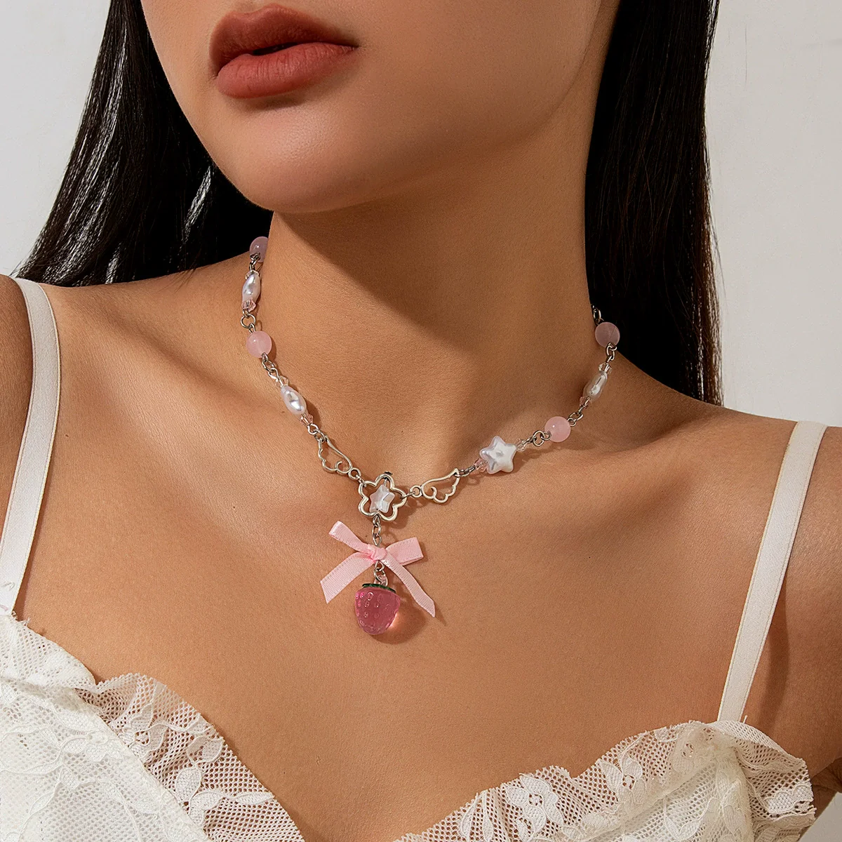 Necklace Alloy Imitation Pearl Sweet Style Bow Strawberry Fivepointed Star Flower Pendant Electroplating - Image 6
