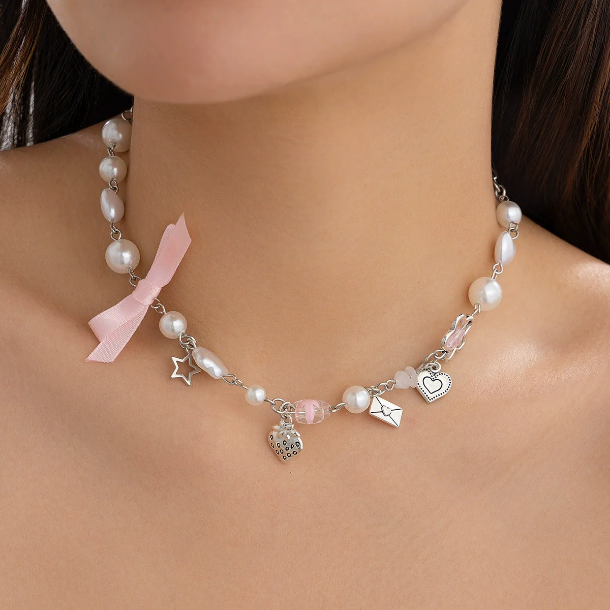Necklace Alloy Imitation Pearl Sweet Style Bow Strawberry Fivepointed Star Flower Pendant Electroplating - Image 7