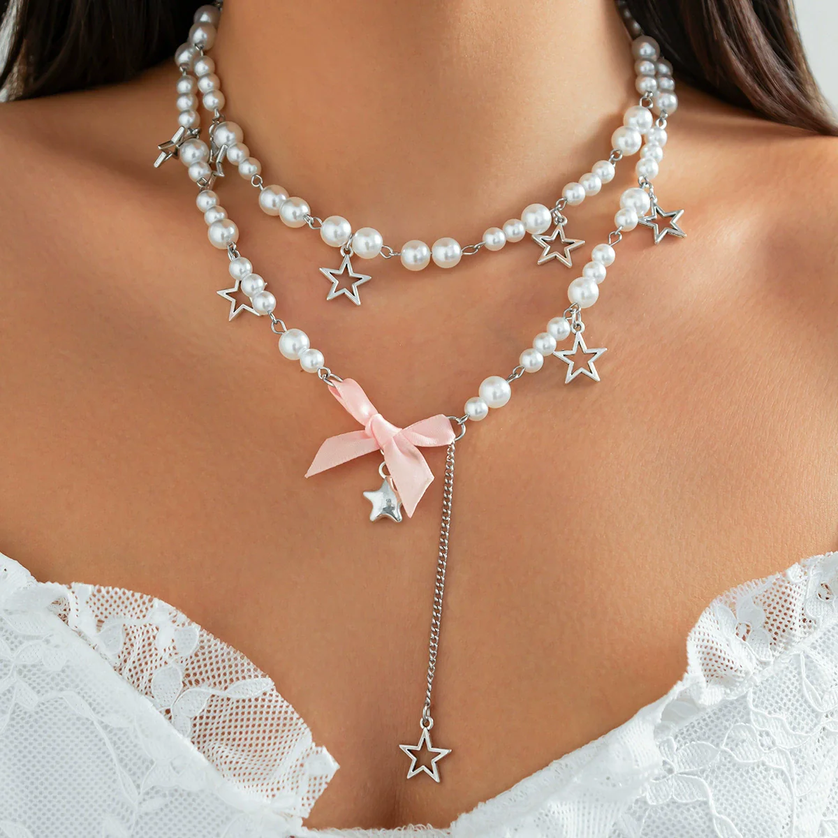 Necklace Alloy Imitation Pearl Sweet Style Bow Strawberry Fivepointed Star Flower Pendant Electroplating - Image 8