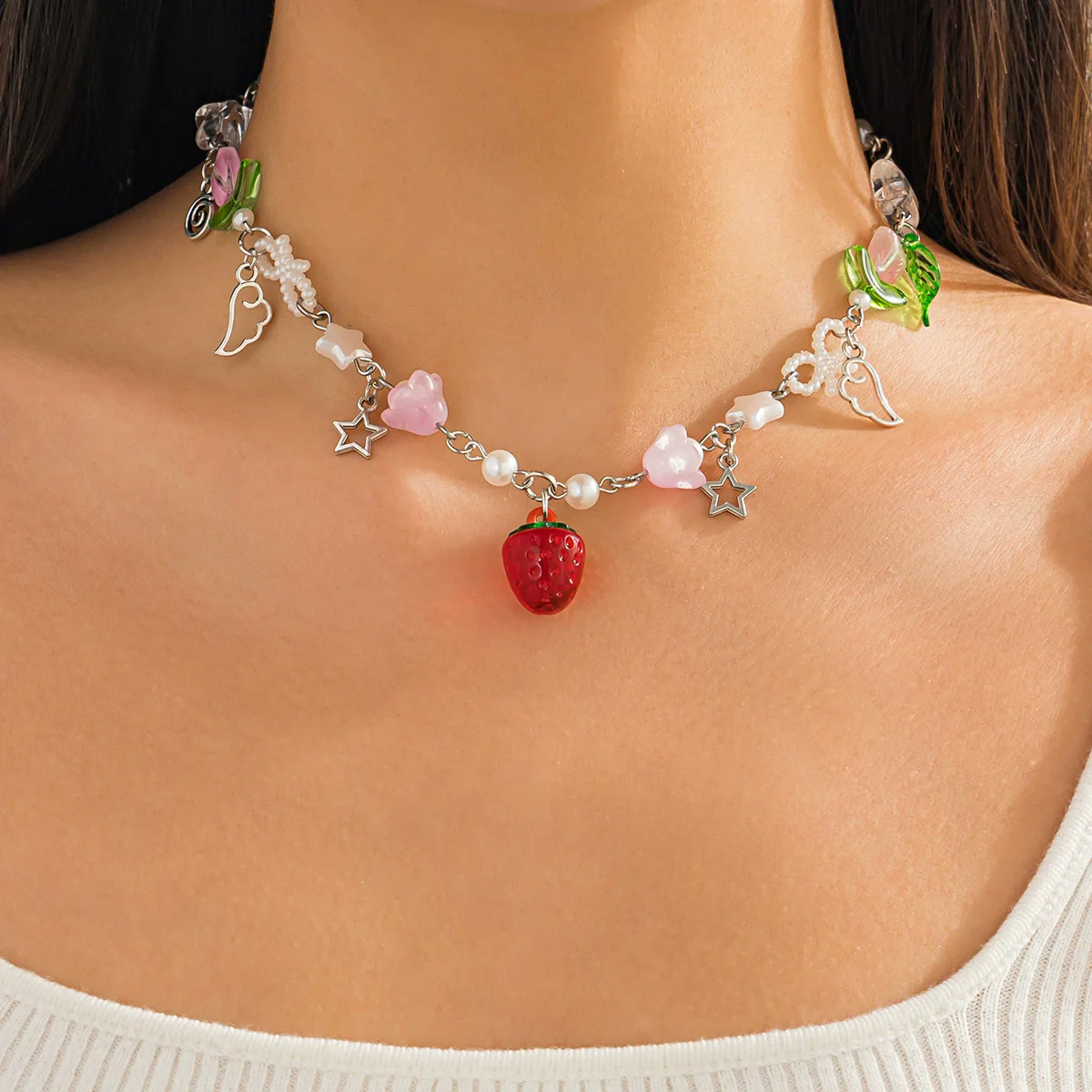 Necklace Alloy Imitation Pearl Sweet Style Bow Strawberry Fivepointed Star Flower Pendant Electroplating - Image 9