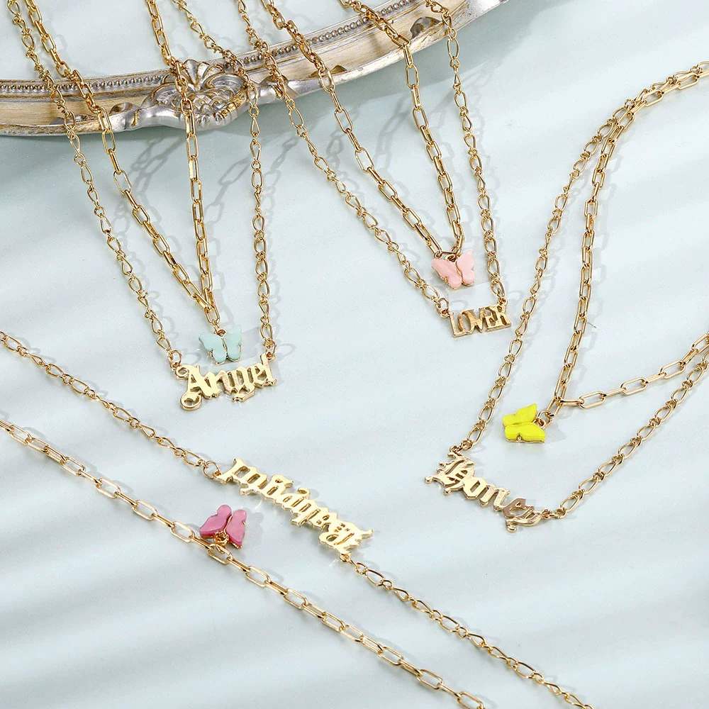 Necklace Alloy Mixed Gem Inlay Bamboo Chain Butterfly English Letter Gothic Sweet Style - Image 2
