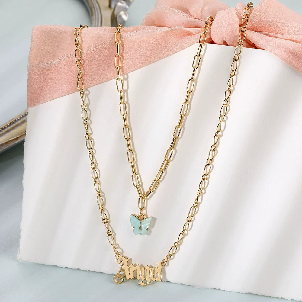 Necklace Alloy Mixed Gem Inlay Bamboo Chain Butterfly English Letter Gothic Sweet Style - Image 3