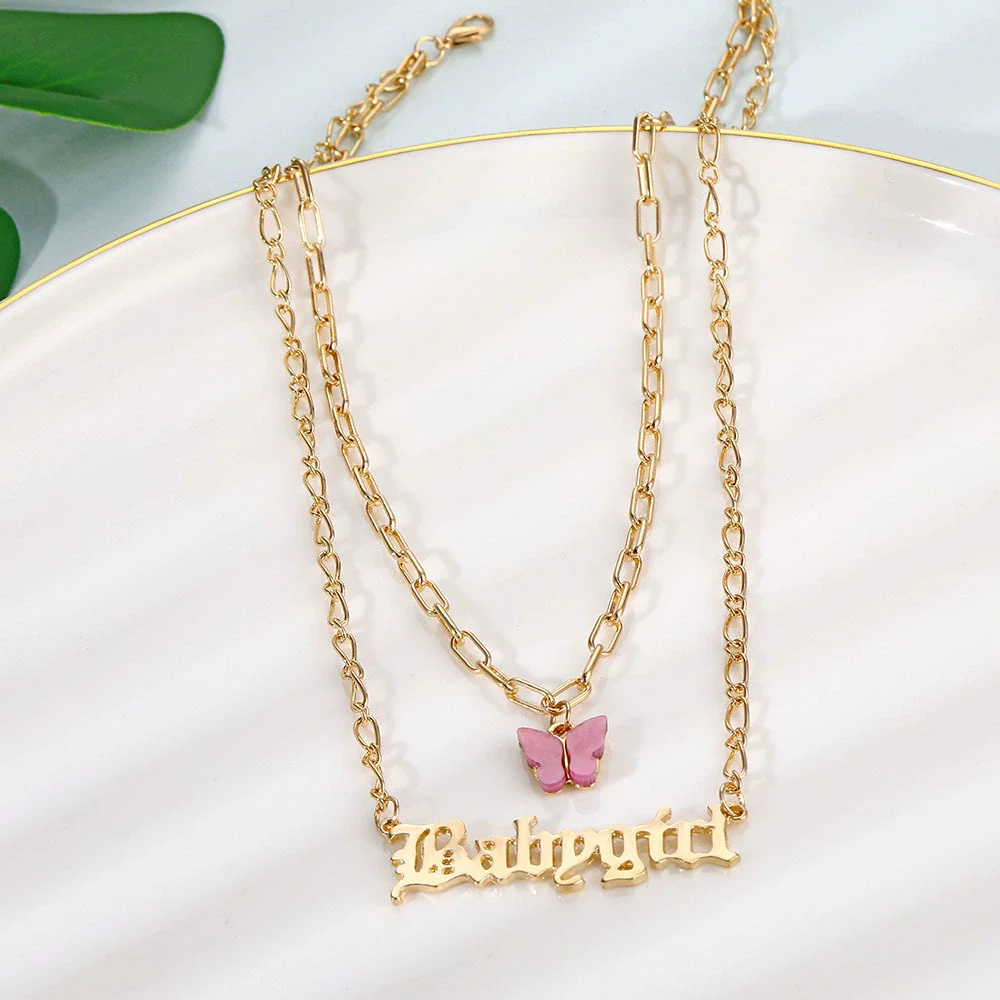 Necklace Alloy Mixed Gem Inlay Bamboo Chain Butterfly English Letter Gothic Sweet Style - Image 5
