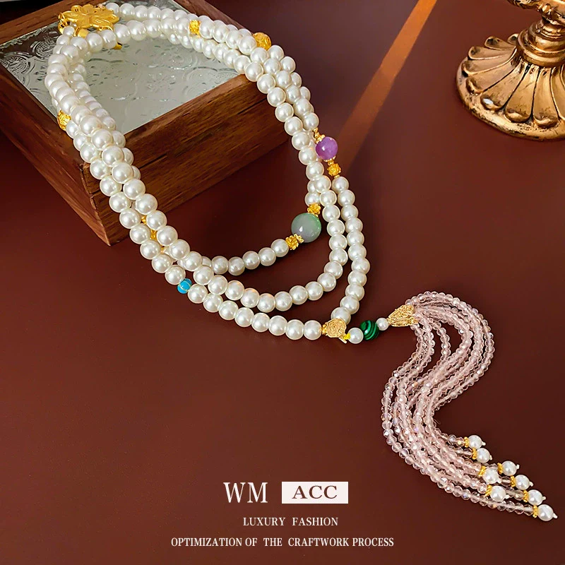 Necklace Alloy Synthetic Crystal Flower Round Beaded Tassel Electroplating For Women