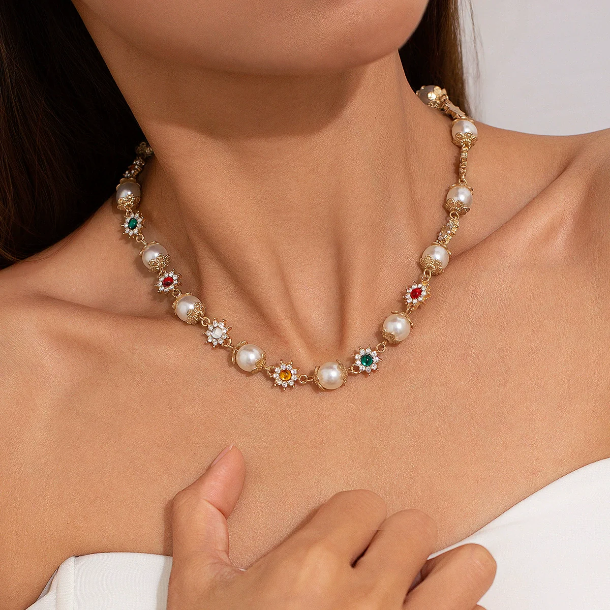 Necklace Alloyacrylic Drill Light Luxury Geometric Shape Set With Diamonds Women's - Image 3