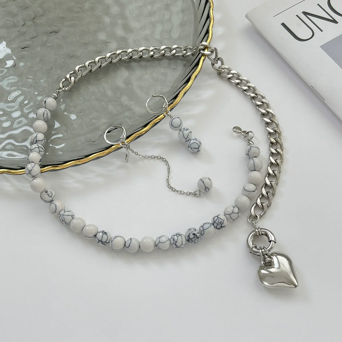 Necklace Aluminum Chain Turquoise Beads Alloy Geometric Heart Shape Electroplating For Women - Image 4