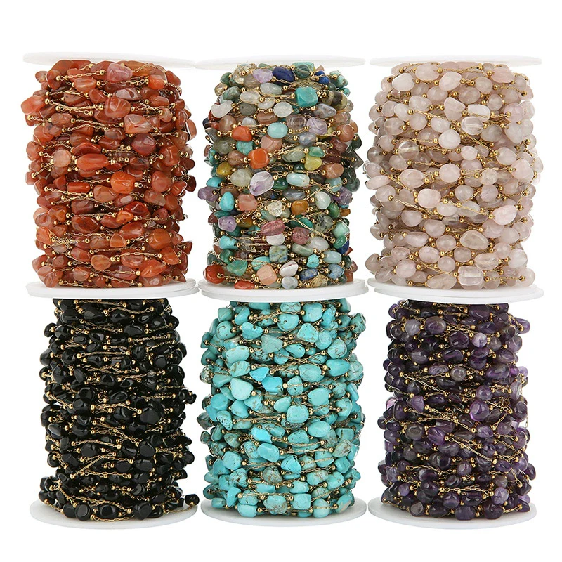Necklace Chain Oval Natural Stone Stainless Steel Golden Bead Electroplating Handmade - Image 2