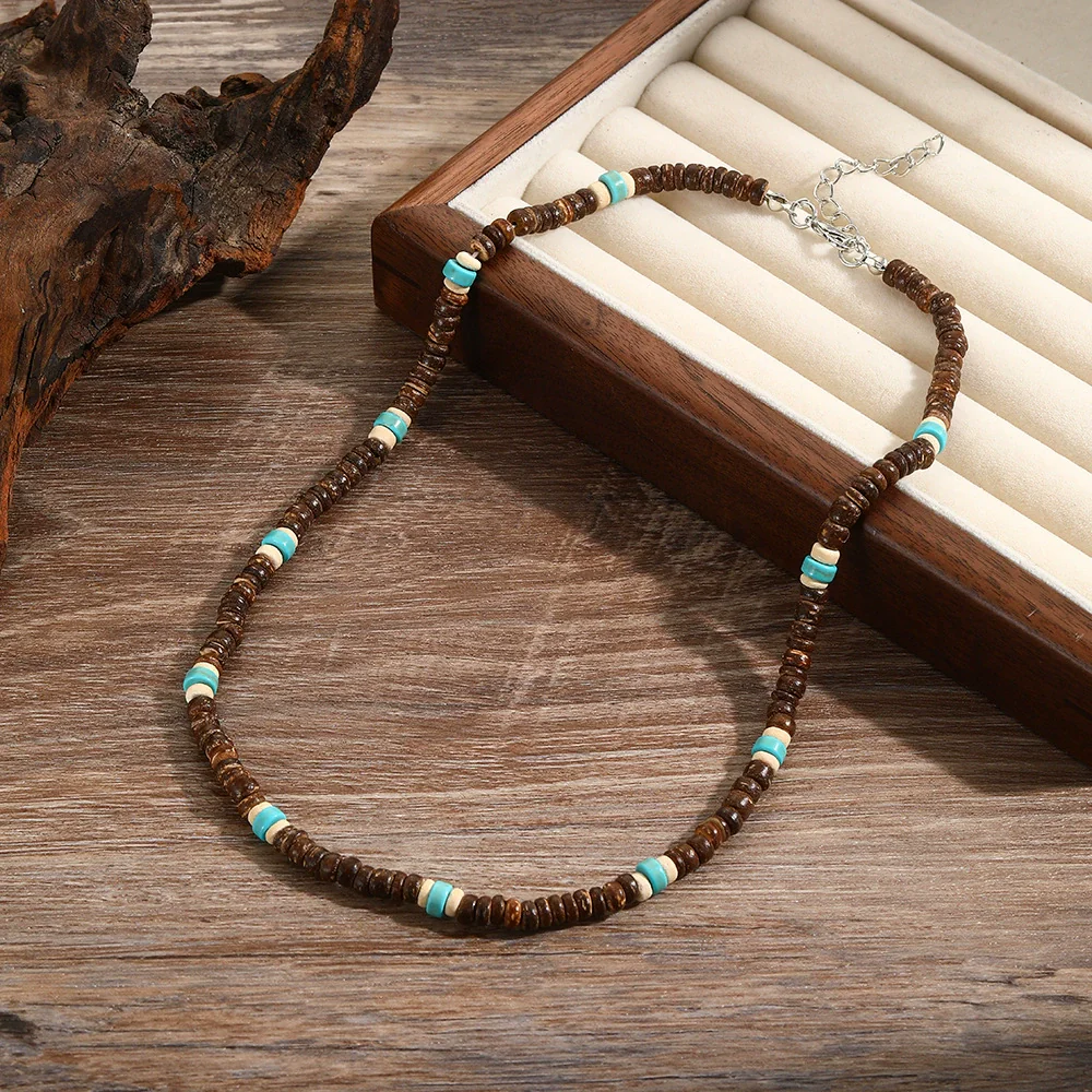Necklace Coconut Shell Turquoise Handmade Geometric Style Unisex - Image 16