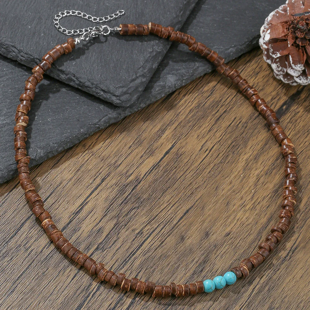 Necklace Coconut Shell Turquoise Handmade Geometric Style Unisex - Image 3