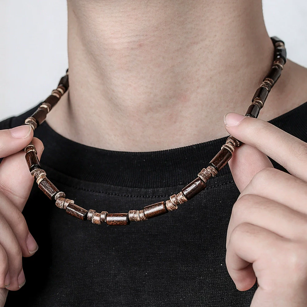 Necklace Coconut Wood Beads Stainless Steel Geometric Handmade Unisex - Image 2