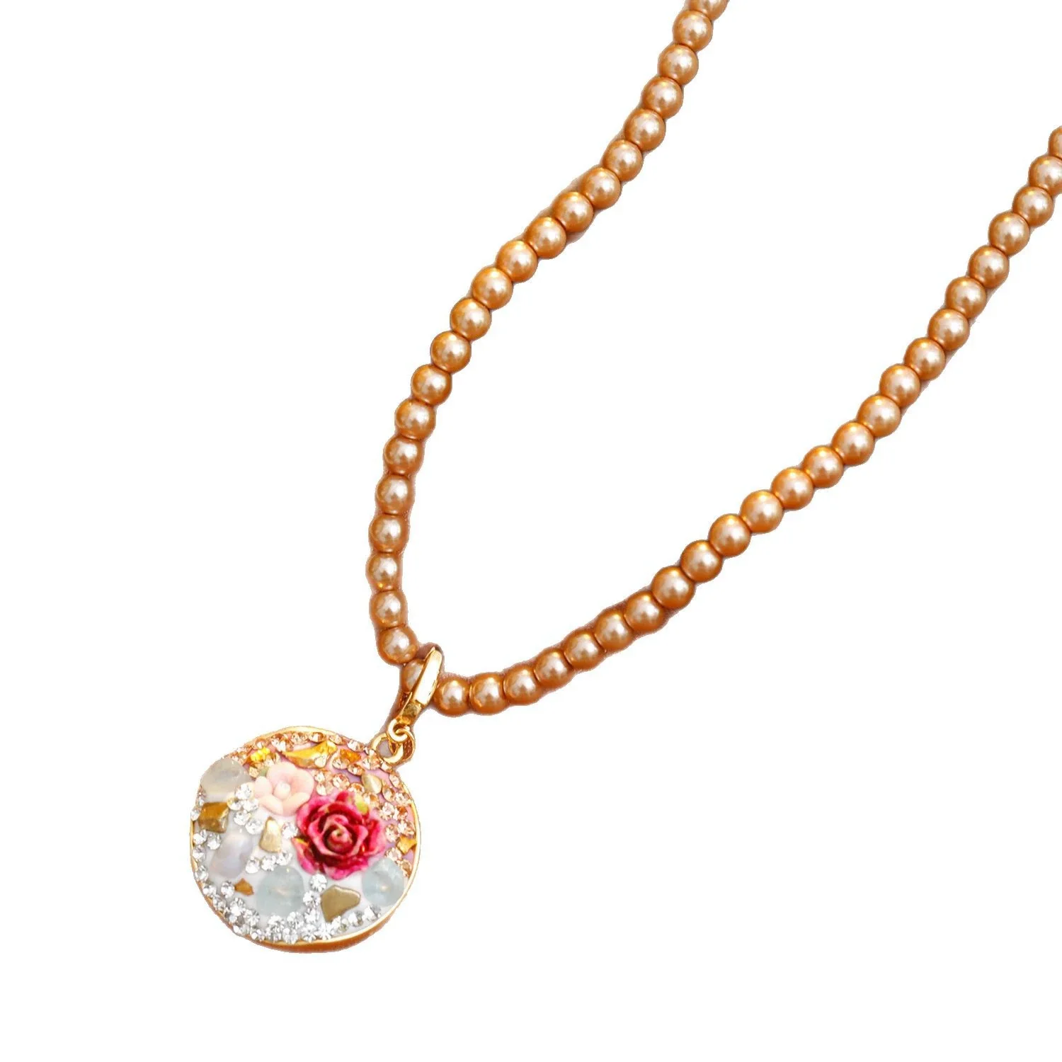 Necklace Copper Alloy Pearl Geometric Microinlaid Zircon Electroplating Rose Flower Oil Painting Ceramic Clay Threedimensional Woolen Chain For Women - Image 5
