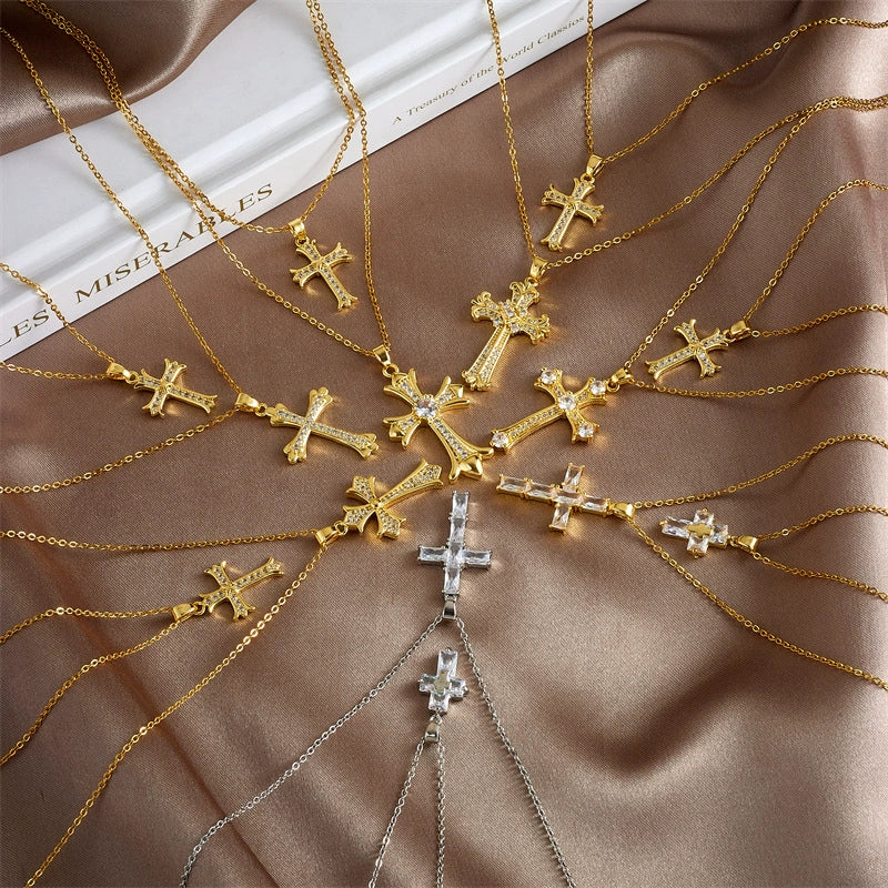 Necklace Copper Geometric Double Cross Pendant Mixed Gem Inlay Electroplating For Women