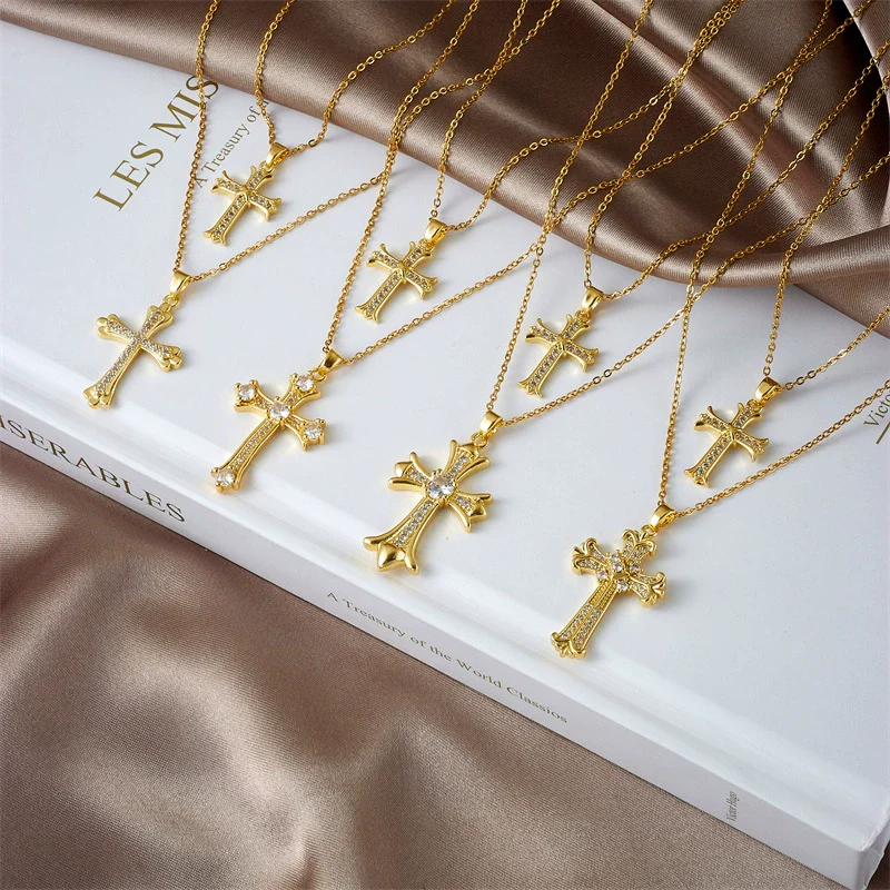 Necklace Copper Geometric Double Cross Pendant Mixed Gem Inlay Electroplating For Women - Image 2