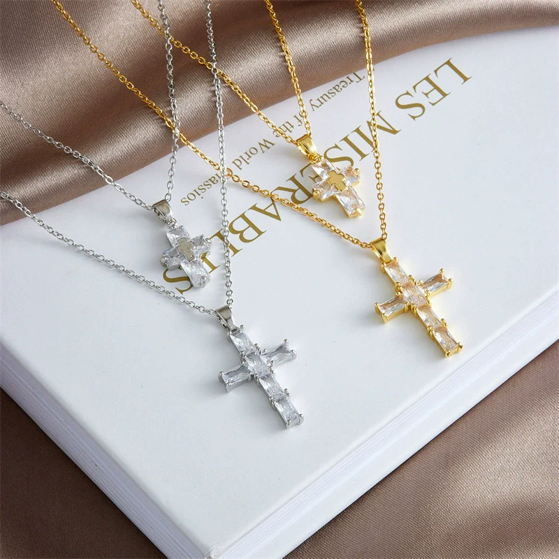 Necklace Copper Geometric Double Cross Pendant Mixed Gem Inlay Electroplating For Women - Image 3