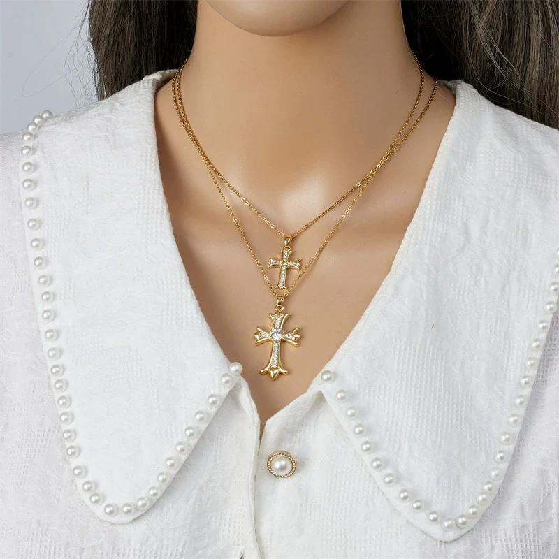 Necklace Copper Geometric Double Cross Pendant Mixed Gem Inlay Electroplating For Women - Image 4