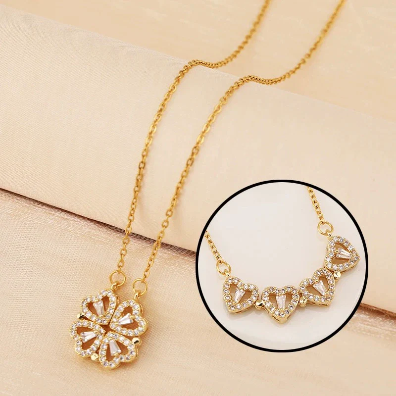 Necklace Copper Inlaid Zircon Four Leaf Clover Pendant With Titanium Steel Chain Electroplating Design For Women