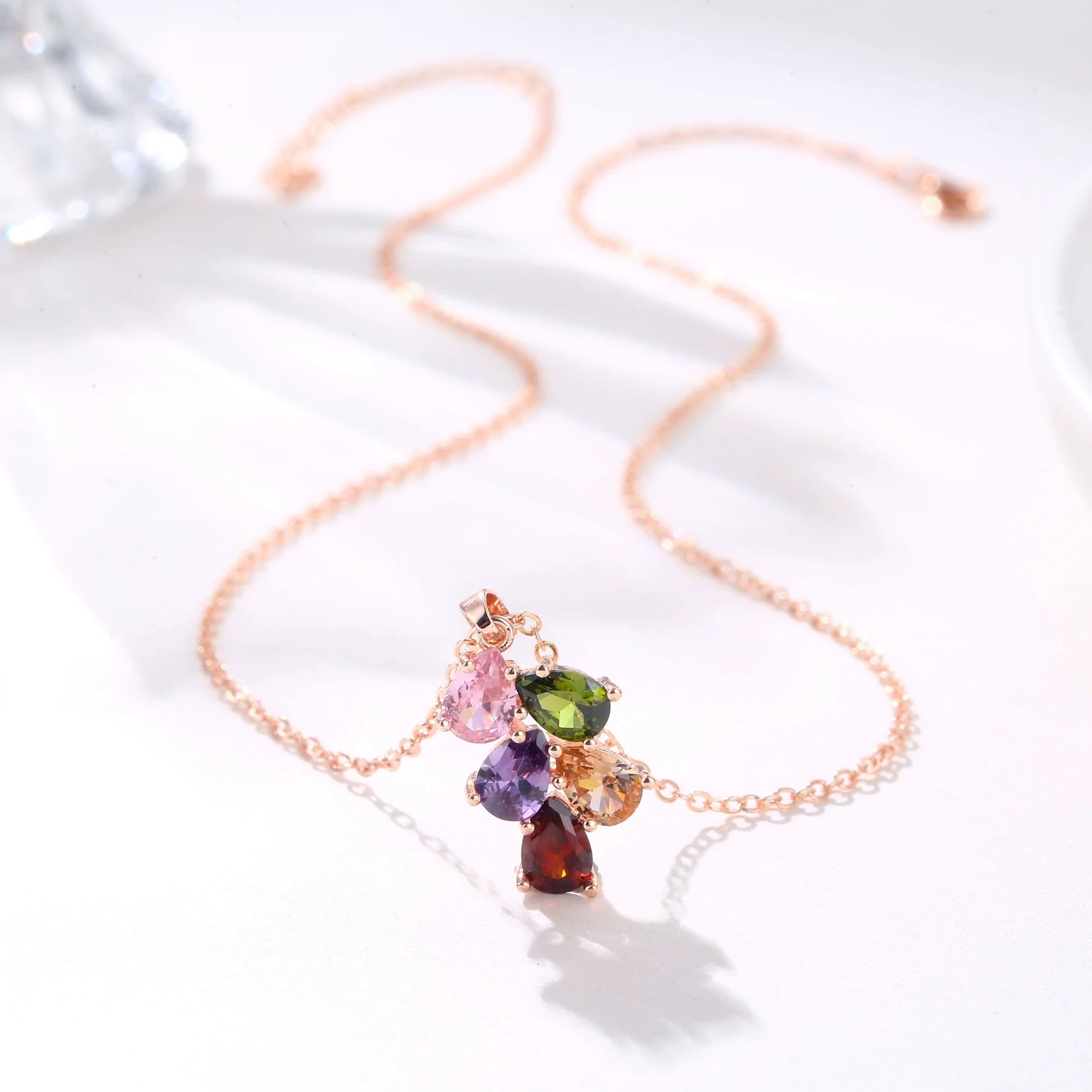 Necklace Copper Ochain Simple Natural Style Rose Gold Colorful Water Drop Design Zircon
