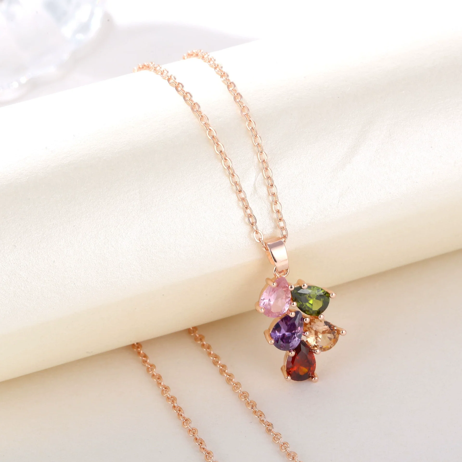 Necklace Copper Ochain Simple Natural Style Rose Gold Colorful Water Drop Design Zircon - Image 2