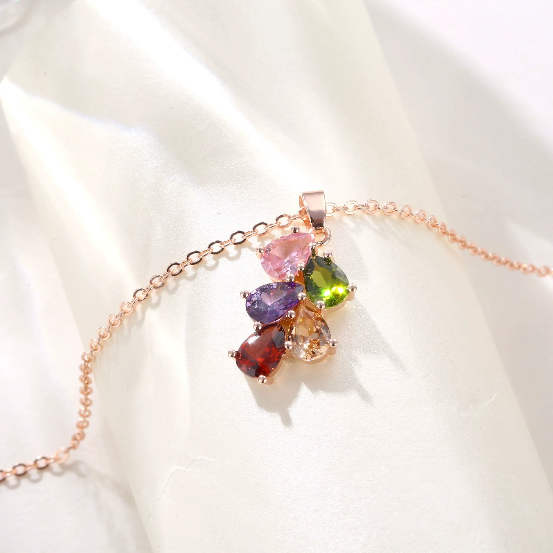 Necklace Copper Ochain Simple Natural Style Rose Gold Colorful Water Drop Design Zircon - Image 3