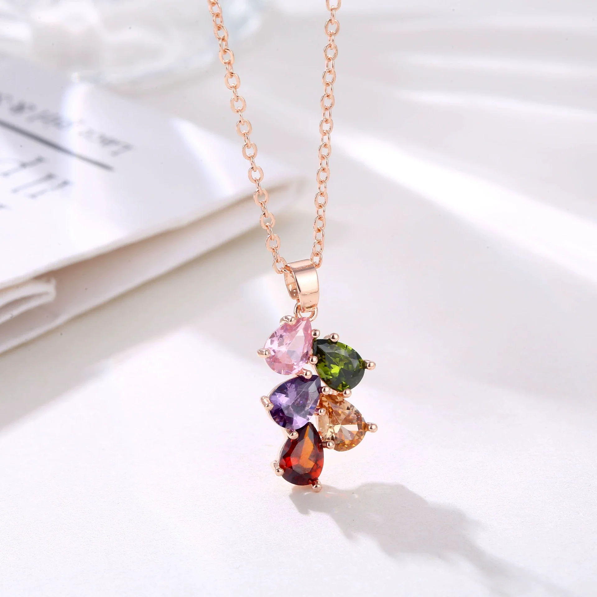 Necklace Copper Ochain Simple Natural Style Rose Gold Colorful Water Drop Design Zircon - Image 4