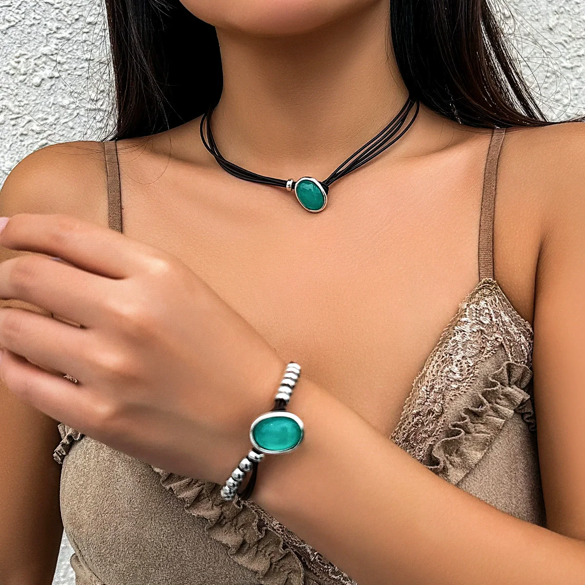 Necklace Flannel Imitation Turquoise Geometric Handmade Women's Jewelry Clavicle Chain - Image 4