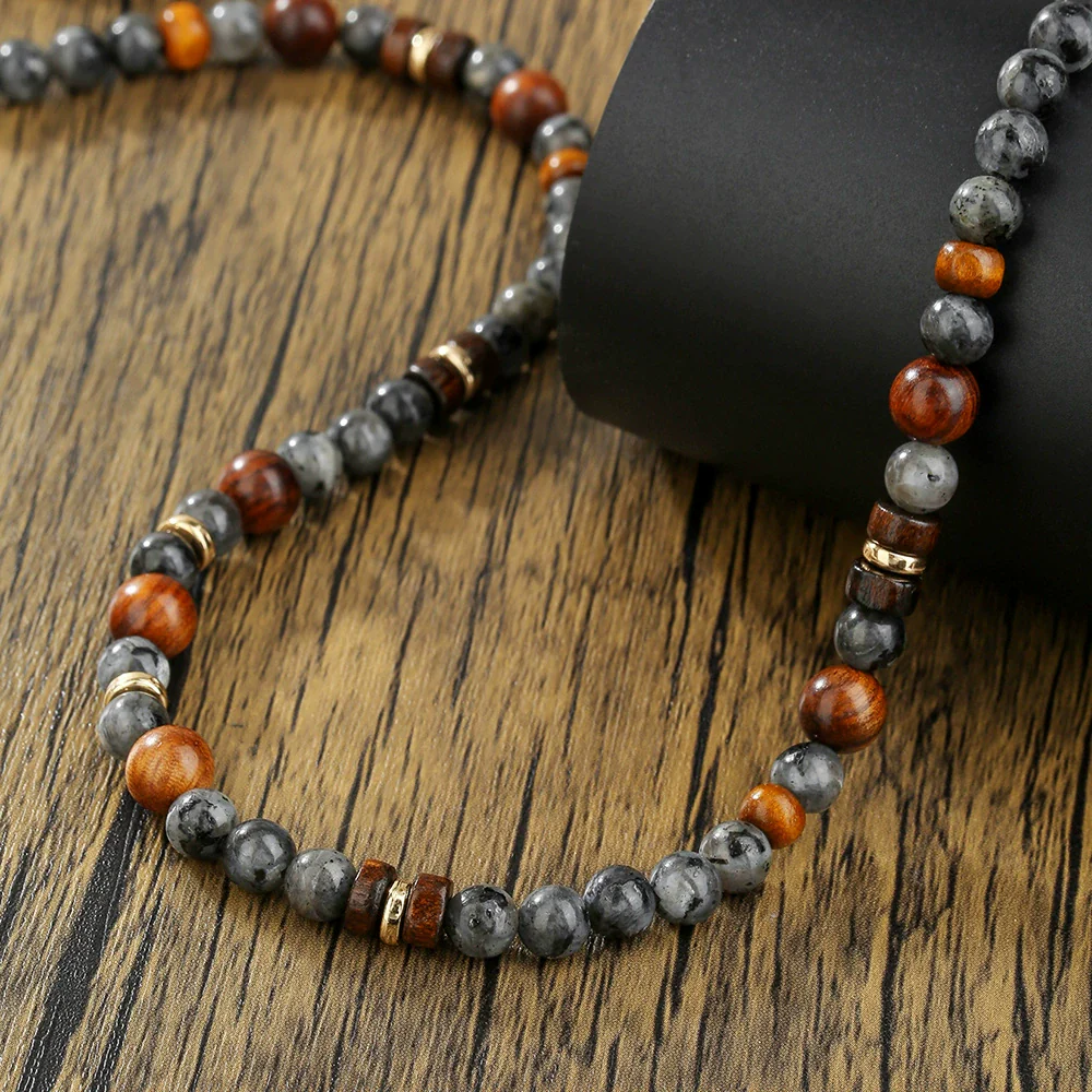 Necklace Handmade With Wooden Beads Tiger Eye Stone Alloy Glitter Stone Geometric Style Electroplated For Men - Image 4