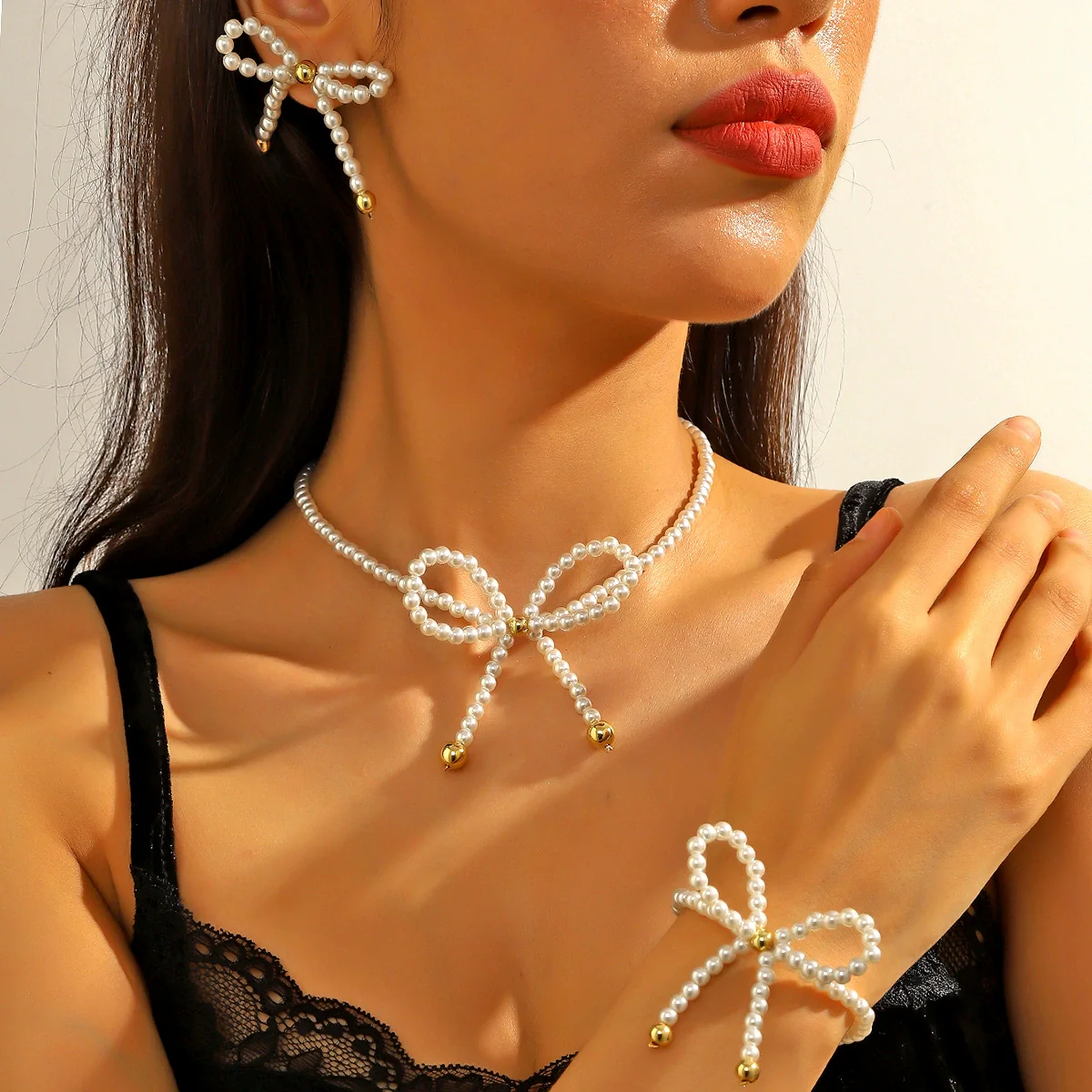 Necklace Imitation Pearl Geometric Beaded Bow Ballet Style Electroplating