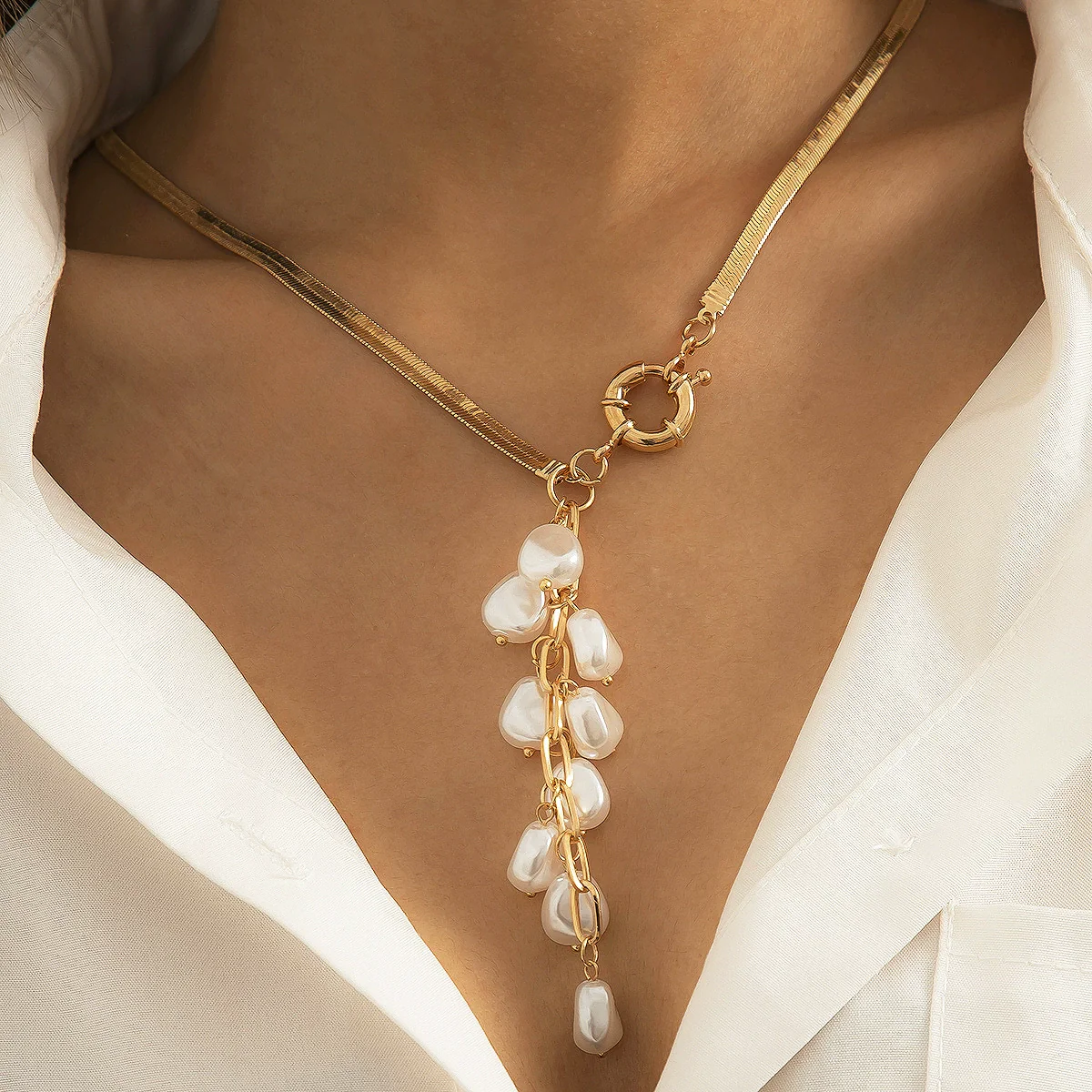 Necklace Imitation Pearl Geometric Copper Iron Electroplating Bone Chain - Image 2