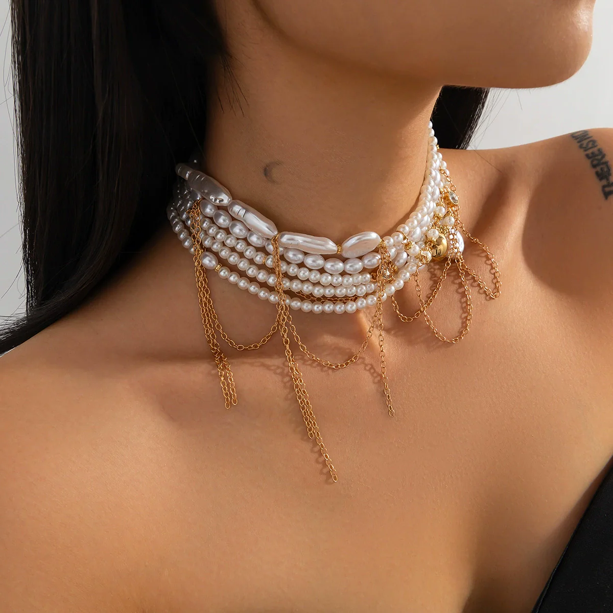 Necklace Imitation Pearl Geometric Metal Tassel Vintage For Women - Image 2