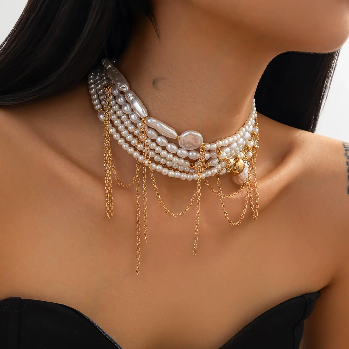 Necklace Imitation Pearl Geometric Metal Tassel Vintage For Women - Image 3
