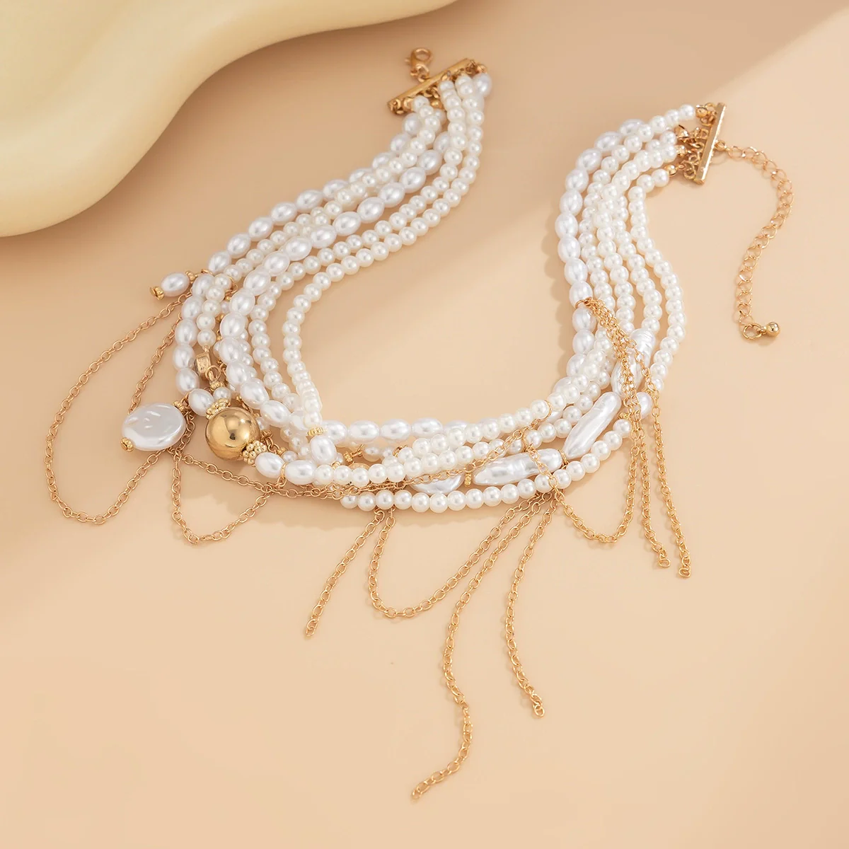 Necklace Imitation Pearl Geometric Metal Tassel Vintage For Women - Image 4